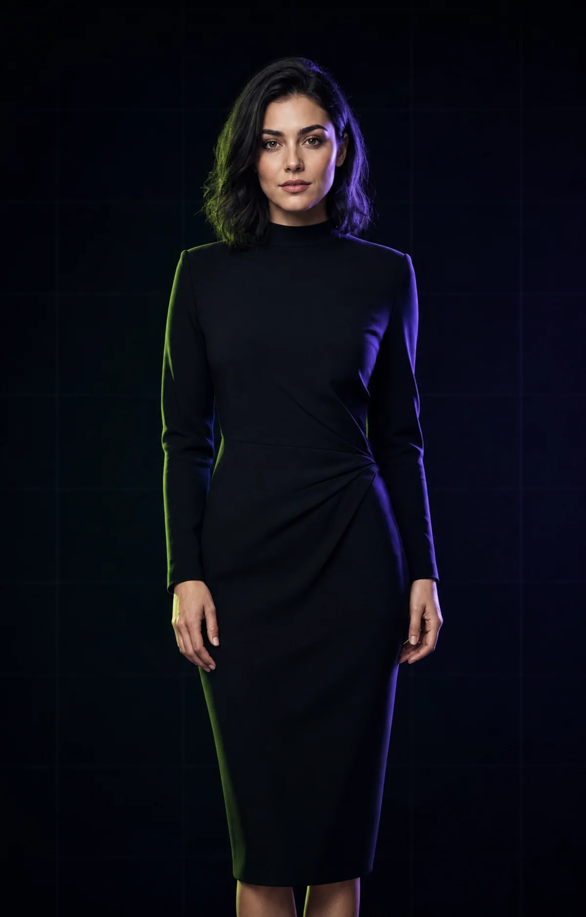 The same adult woman in a fully covering black dress