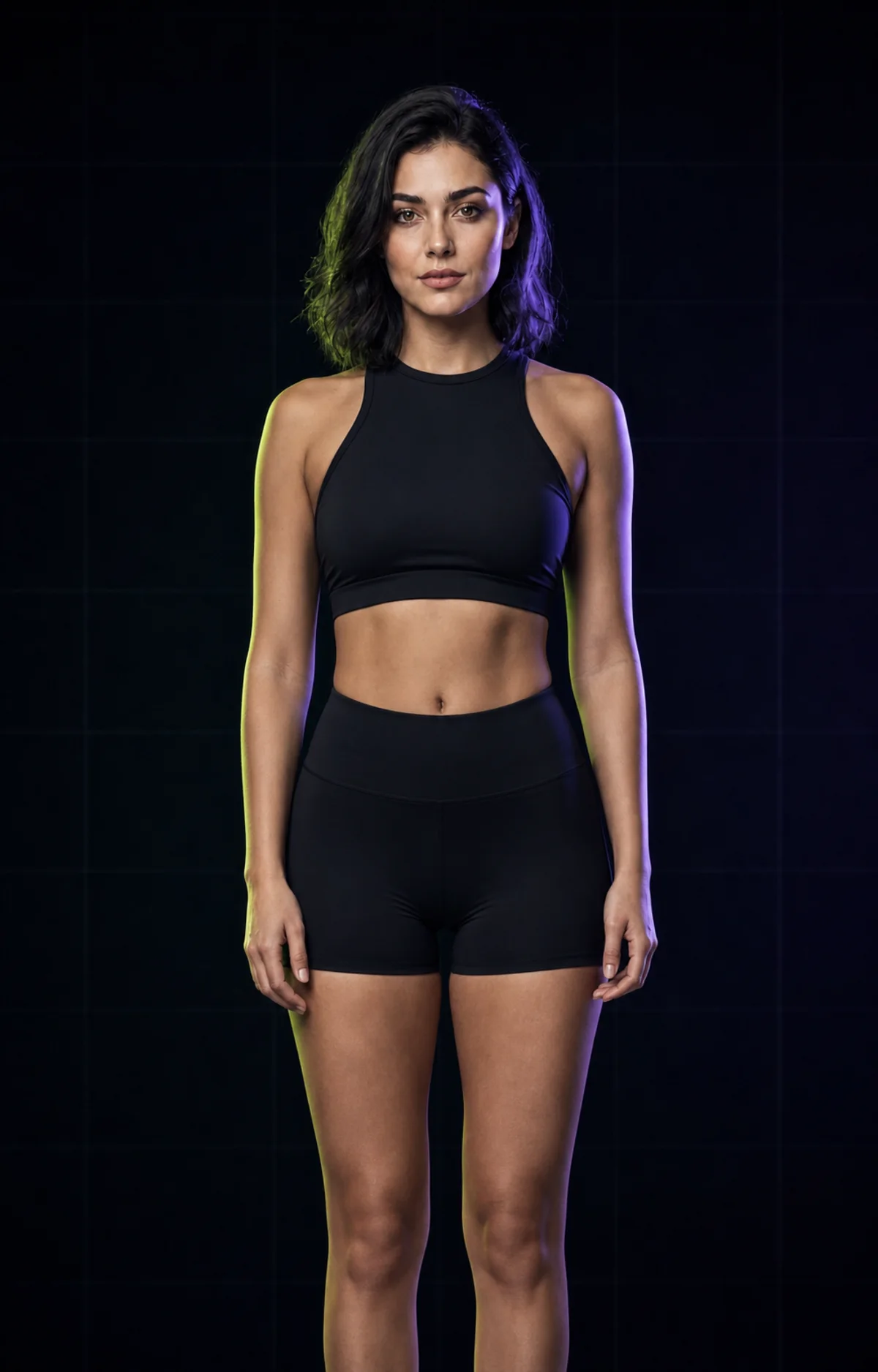 Adult woman in conservative black athletic beachwear