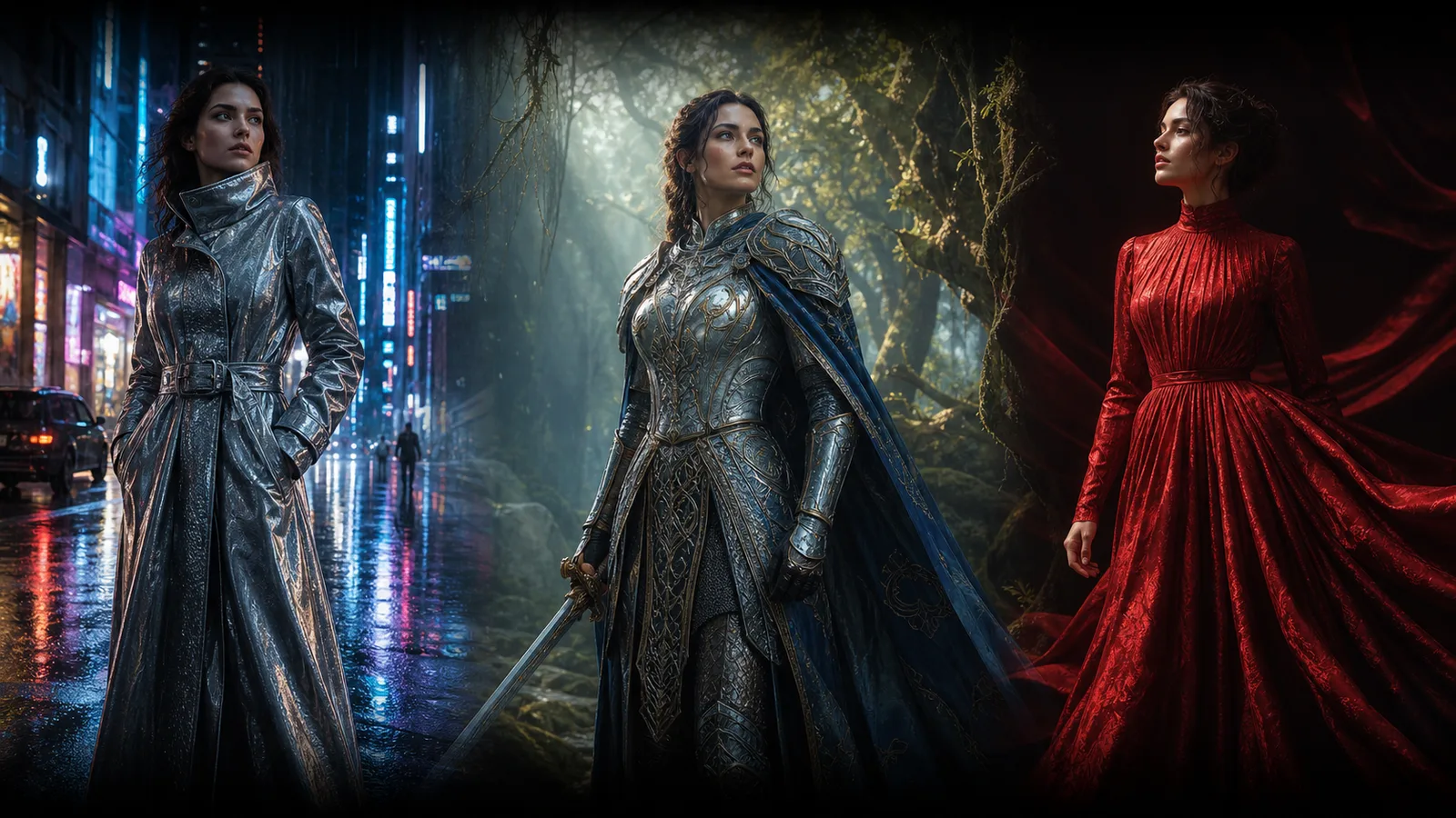 Three fully clothed adult characters in cinematic, fantasy, and editorial styles
